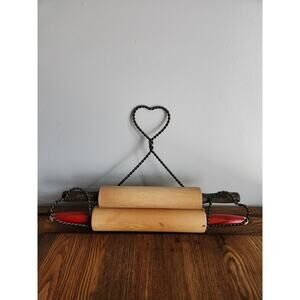 Vintage Wood Rolling 2 Pins & Hang Holders Rustic Primitive Kitchen Decor